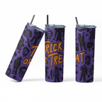 Three views of a purple 20 oz skinny tumbler with a Halloween theme, featuring black silhouettes of ghosts, zombies, and other spooky figures, and orange text reading 'TRICK OR TREAT'.