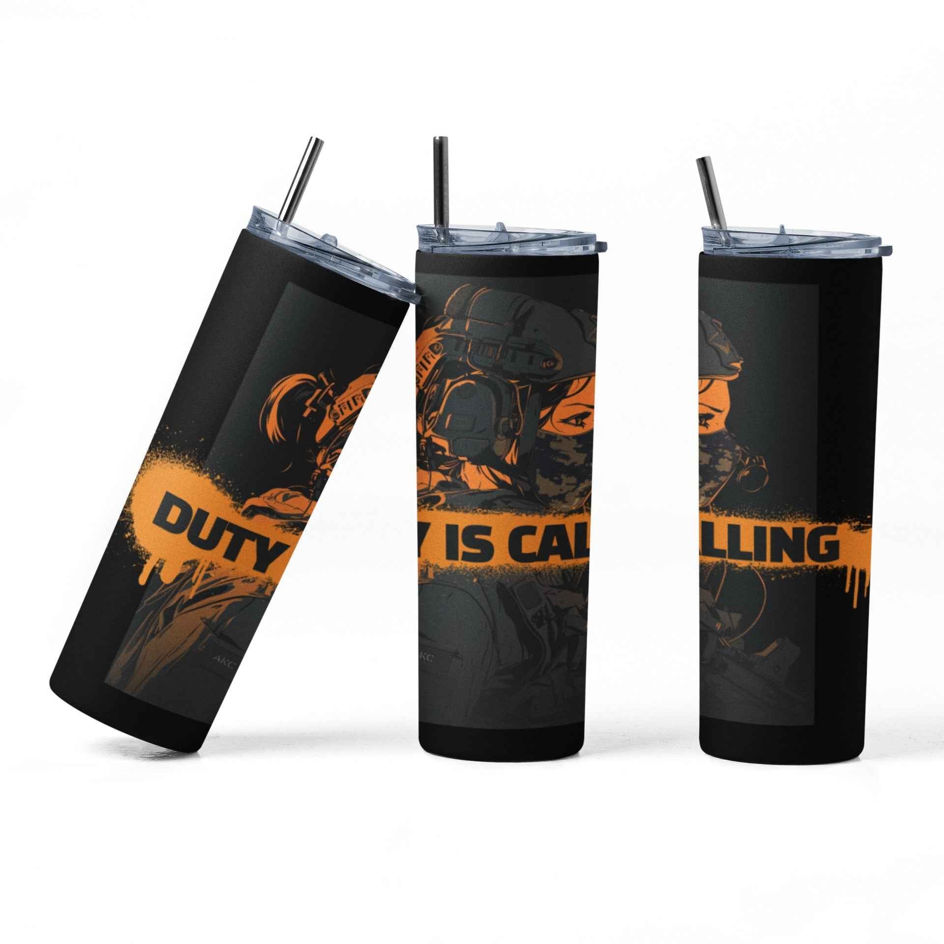 Passionate Tumbler with Straw, Military Design, Black and Orange Custom Graphics