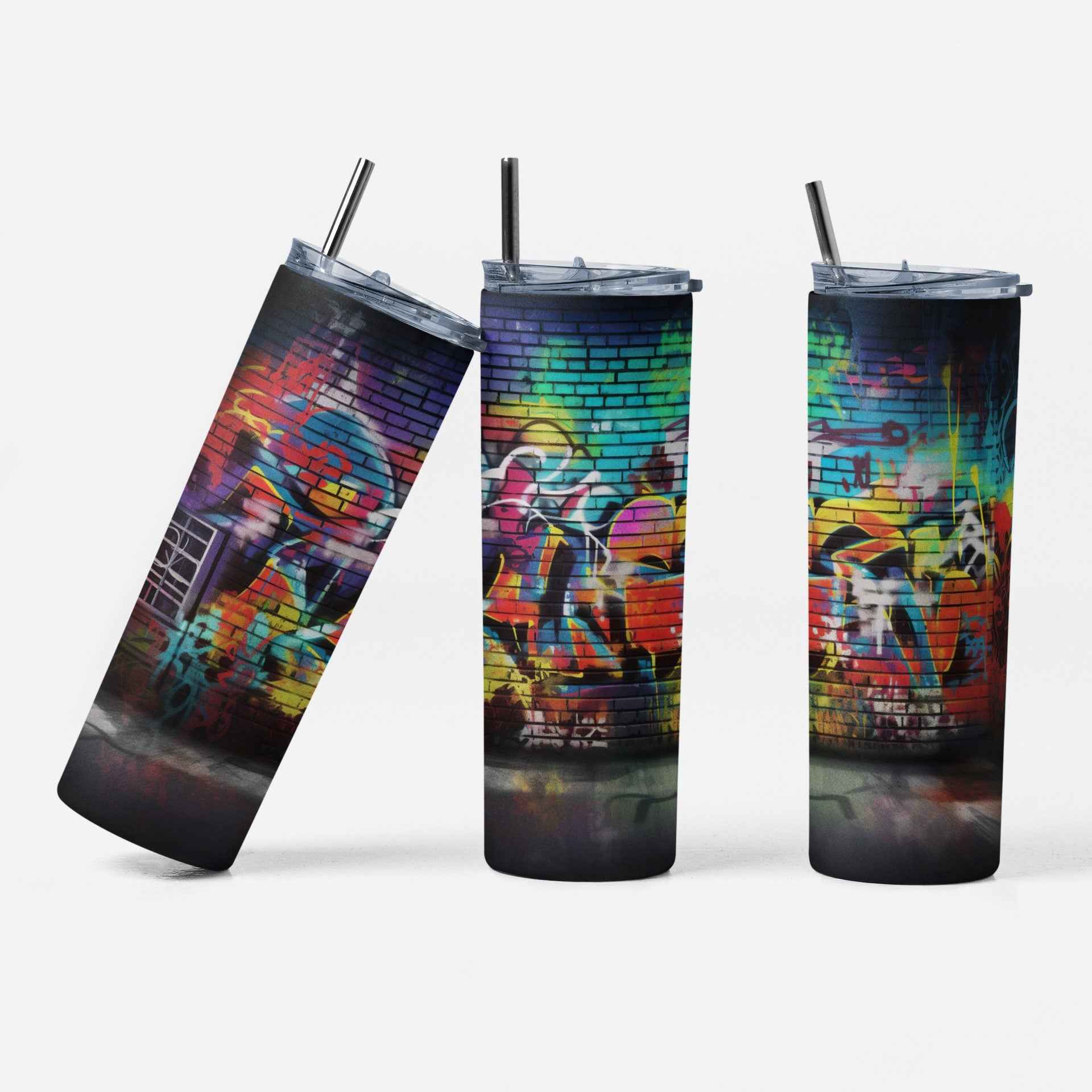 Urban Graffiti Art Stainless Steel Tumbler, 20 oz, Insulated Travel Cup with Lid, Multi-Color Design