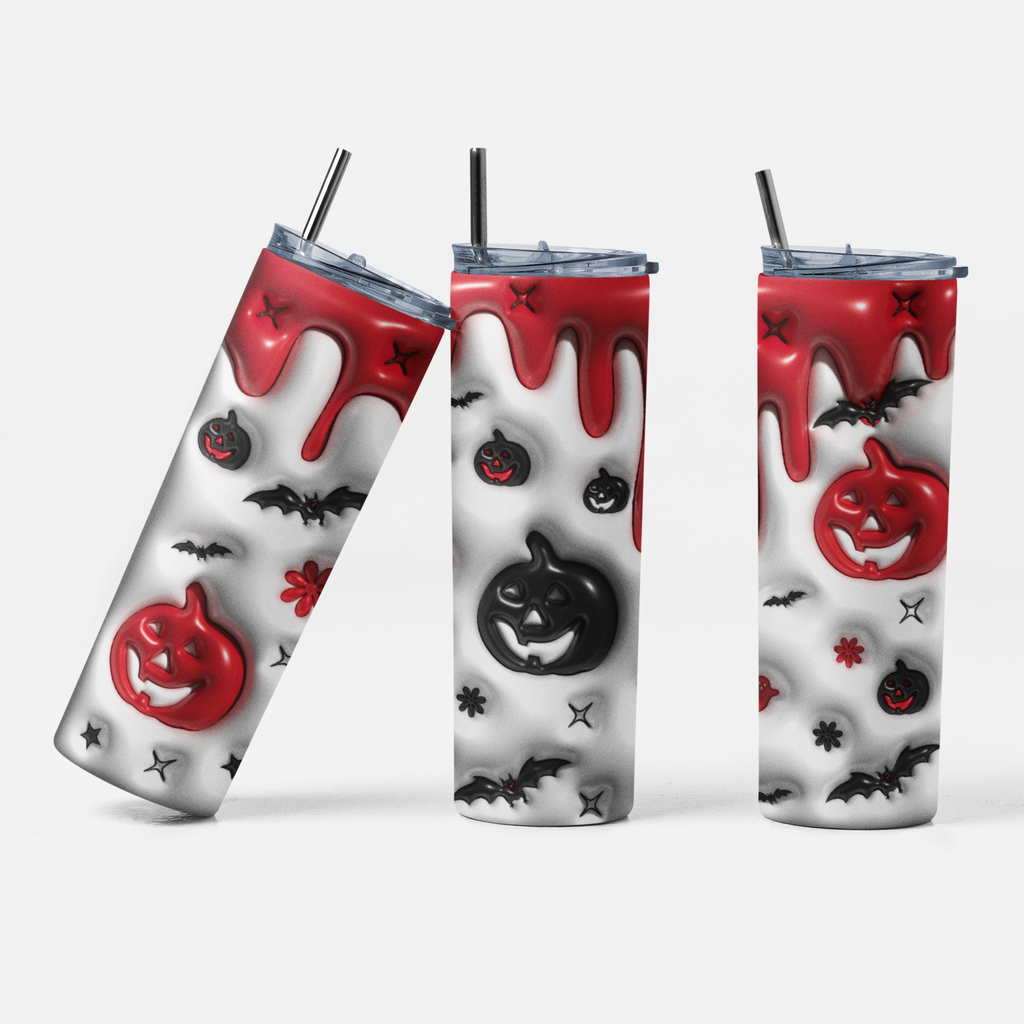 Halloween Skinny Tumbler with Lid and Straw, 3D Pumpkin and Bat Design