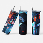 Three tumblers with anime-themed designs on a white background