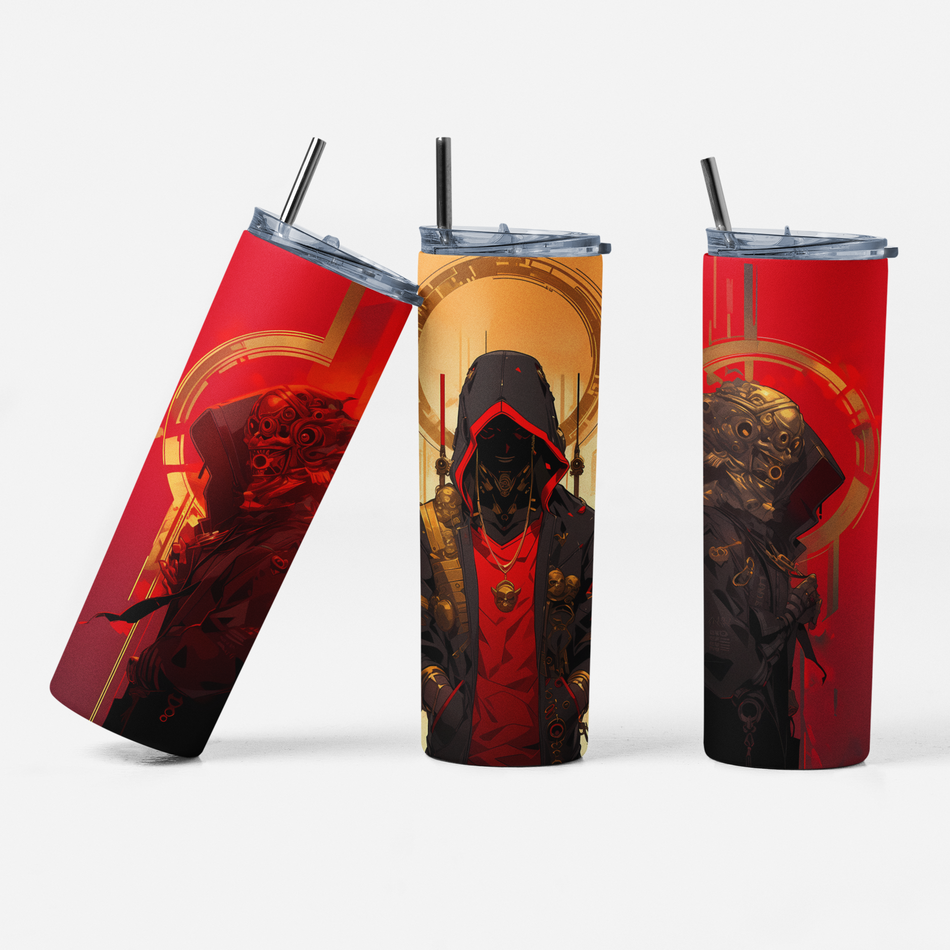 Three tumblers with a red and black design featuring a hooded figure on a white background.
