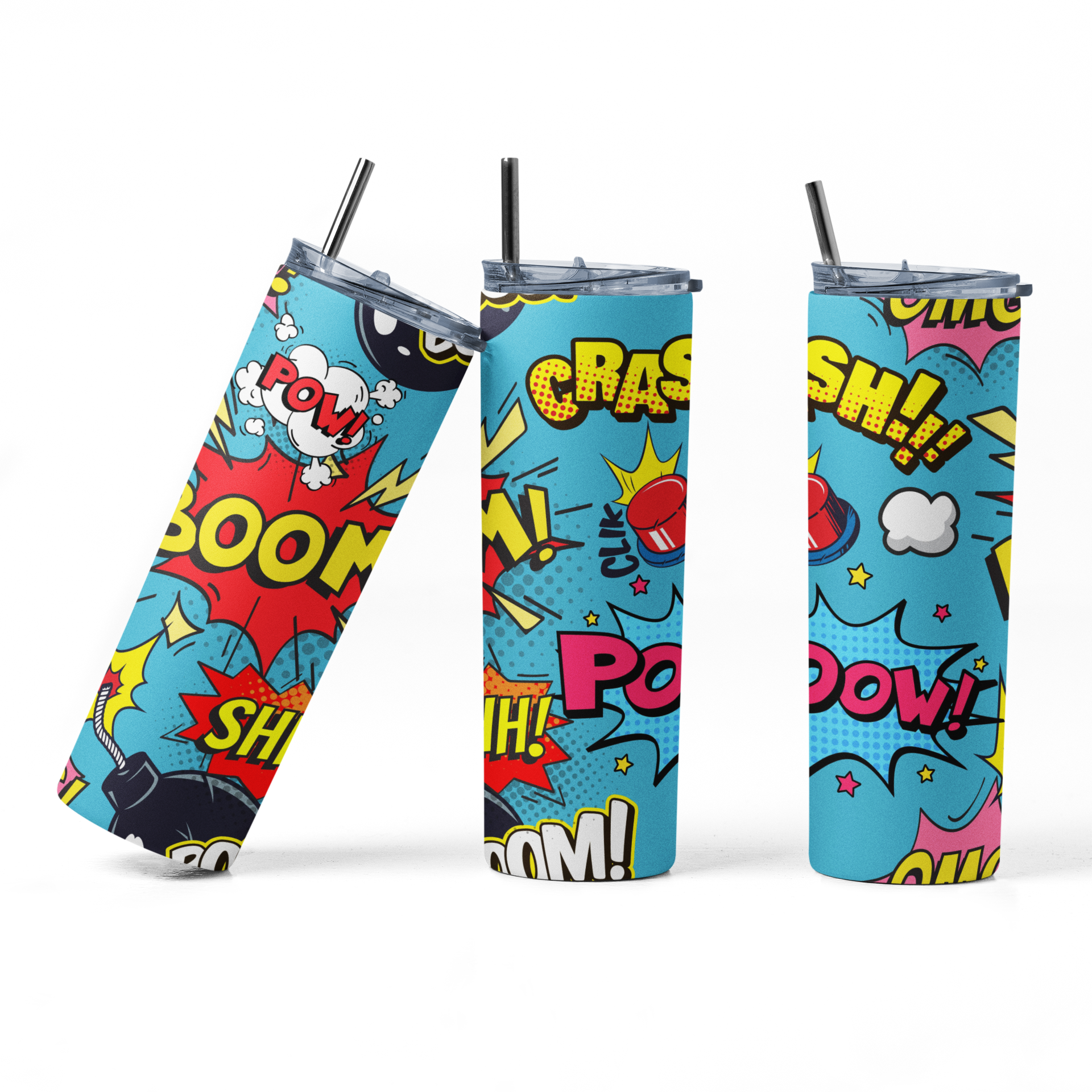 Three colorful tumblers with comic book-style designs on a white background