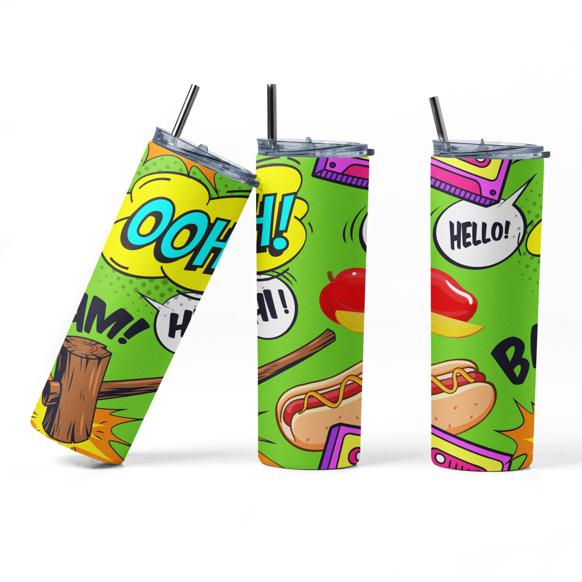 Three colorful tumblers with comic-style designs on a white background