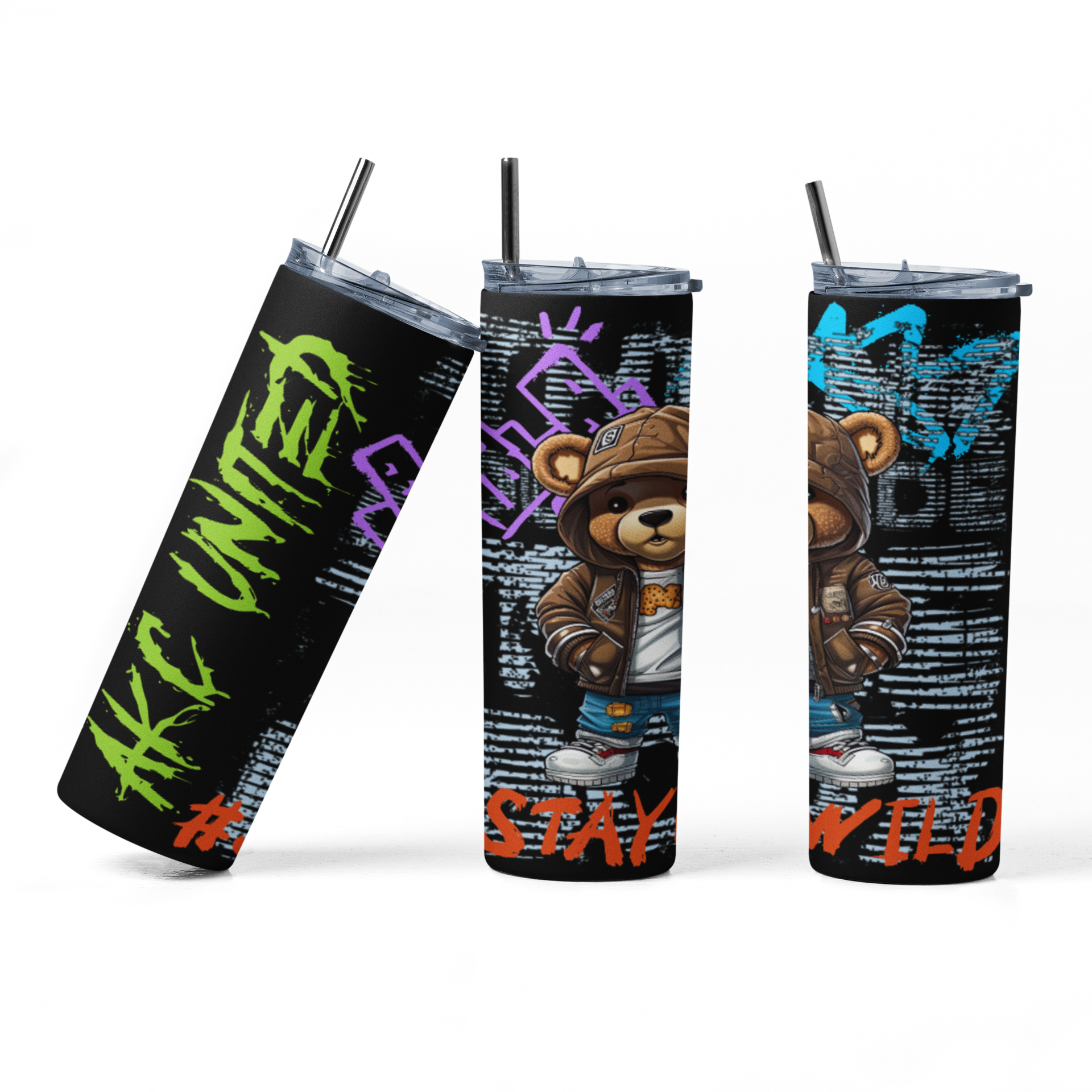 Custom Design Stylish Bear Tumbler, 20oz Stainless Steel Cup with Straw, Graffiti Art Design