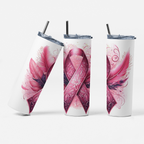 Three tumblers with pink ribbon and feather designs on a white background