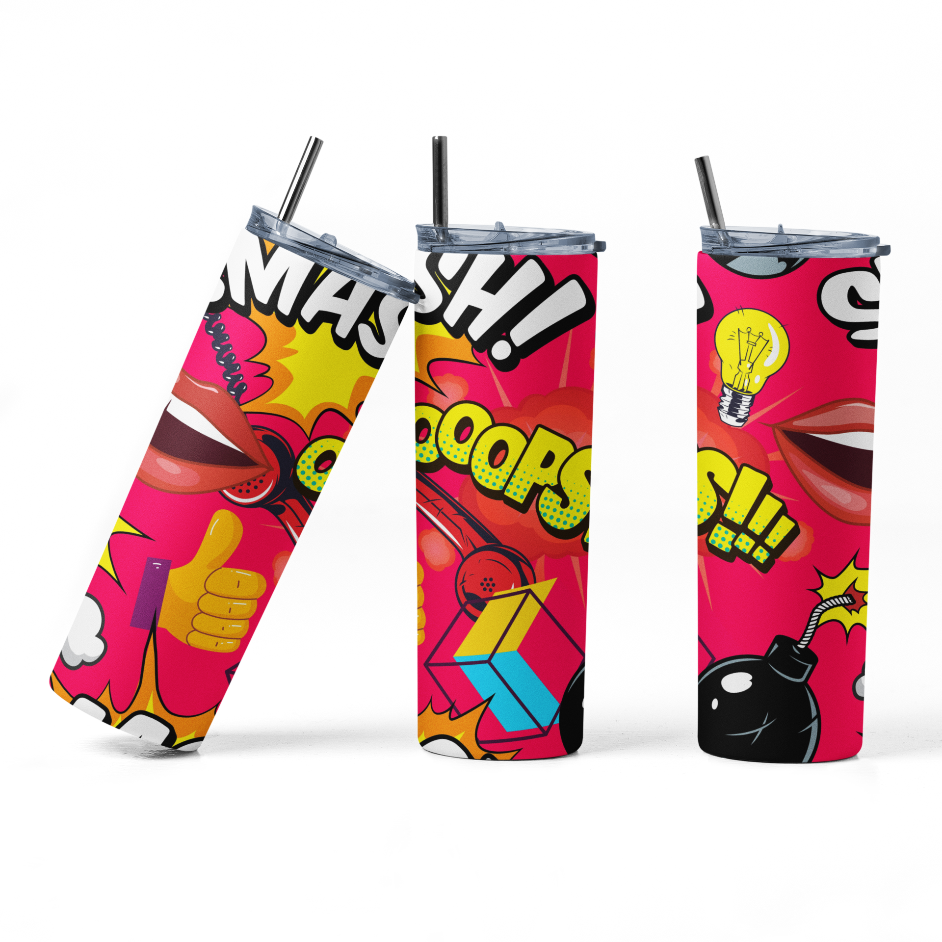 Three colorful tumblers with comic-style designs on a white background