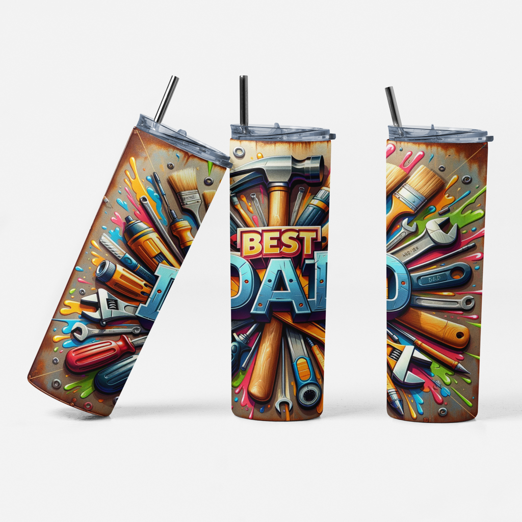 Three tumblers with tool-themed designs and 'Best Dad' text on a white background