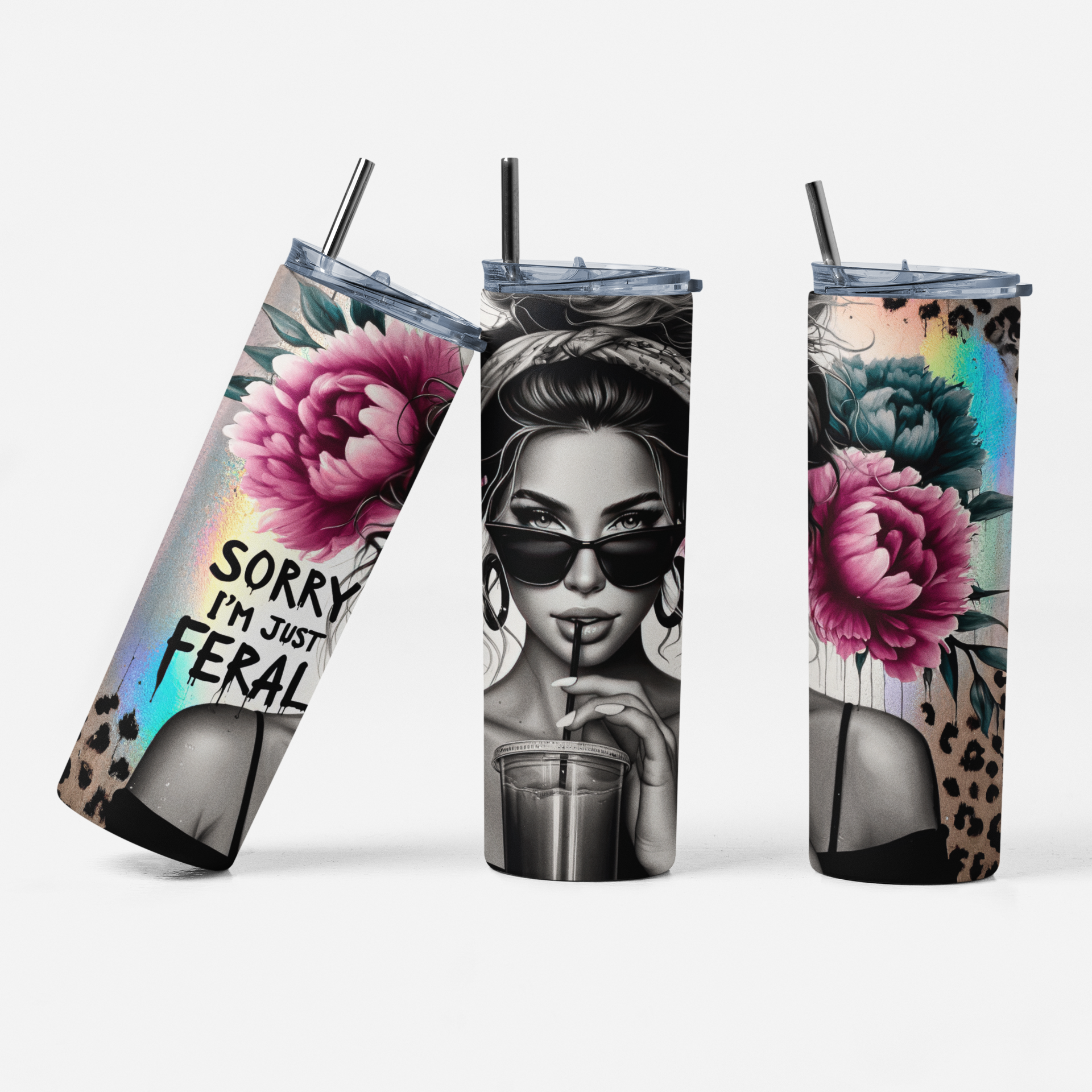 Three tumblers with different designs on a white background