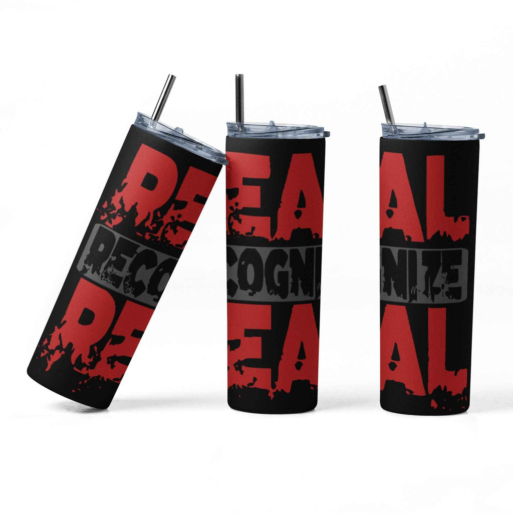 Real Recognize Real Stainless-Steel Tumbler, 20 oz Black and Red Design, Insulated Cup with Lid and Straw
