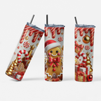 Three views of a tall insulated tumbler with a clear lid and black straw, printed with a festive Christmas design featuring a gingerbread man, candy canes, ornaments, gifts, and striped drips in red, gold, white, and brown on a light background.