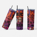 Three views of a Halloween-themed tumbler with a purple and orange gradient background, featuring spooky graphics like a hockey mask, spiderwebs, candy corn, and the word 'TRICK' on a light gray studio background.