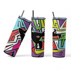 Three colorful tumblers with geometric patterns and a black silhouette on a white background