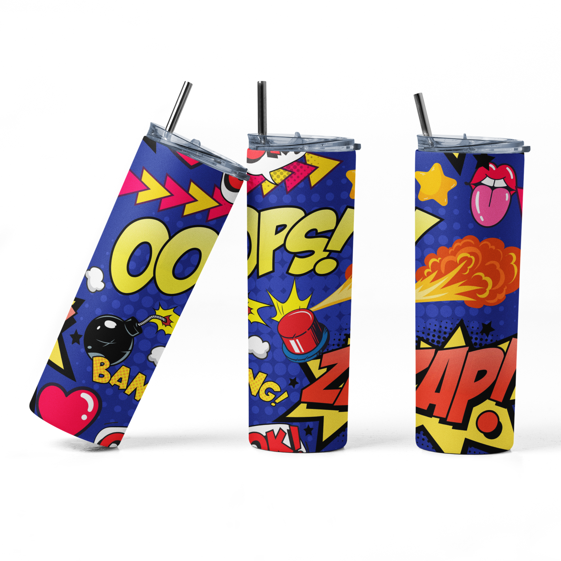 Three colorful tumblers with comic book-style designs on a white background