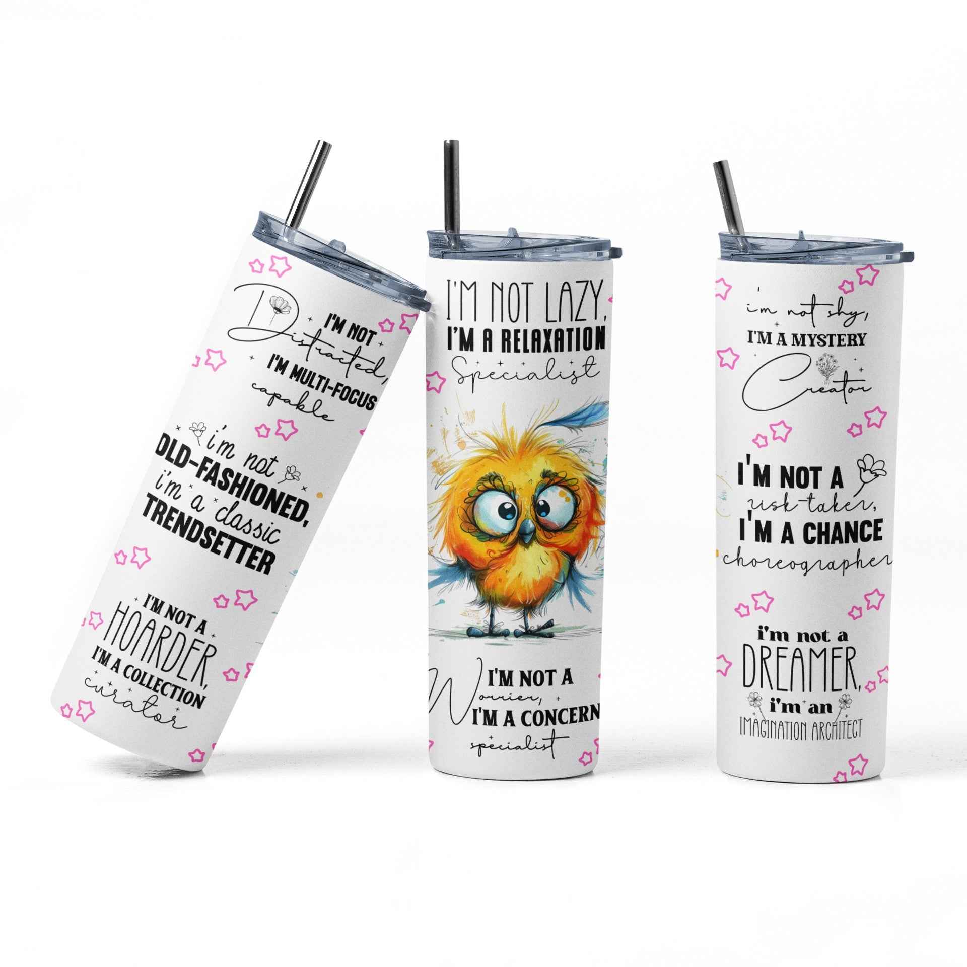 Motivational Bird Tumbler, 20 oz, Funny Quote Design with Cute Owl Art, White
