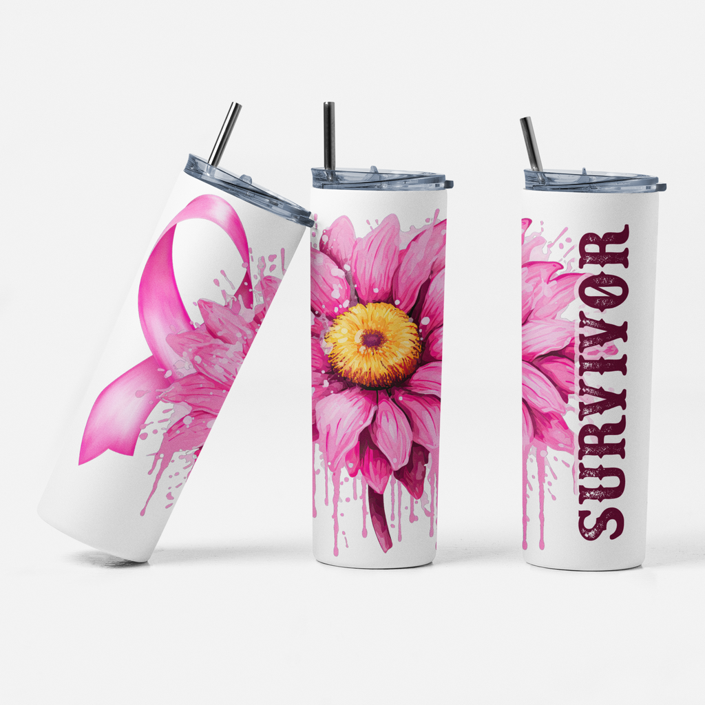 Three tumblers with pink floral and 'survivor' designs on a white background