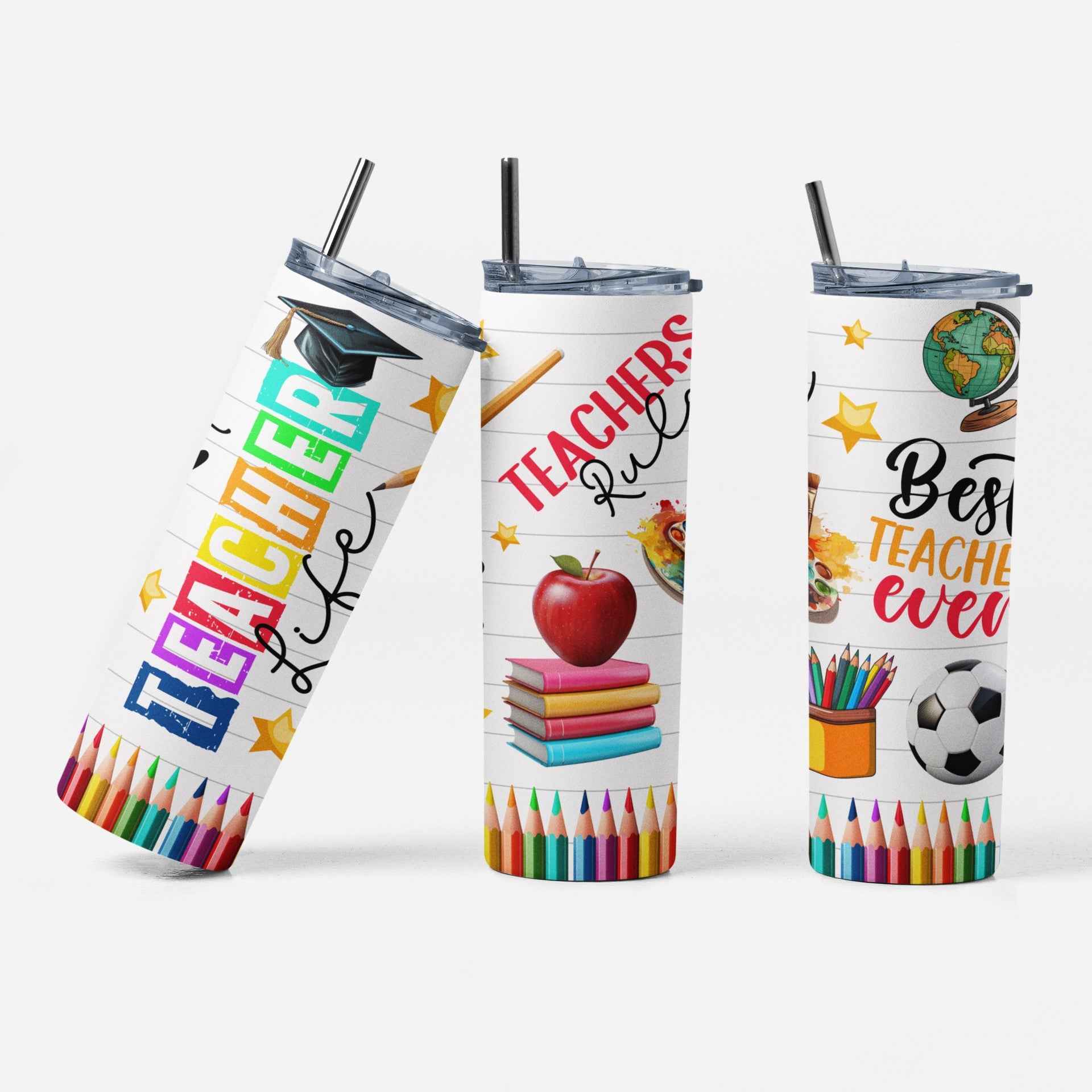 Teacher Life Insulated Tumbler, 20 oz Stainless Steel Travel Mug, Colorful Educational Design with Straw and Lid