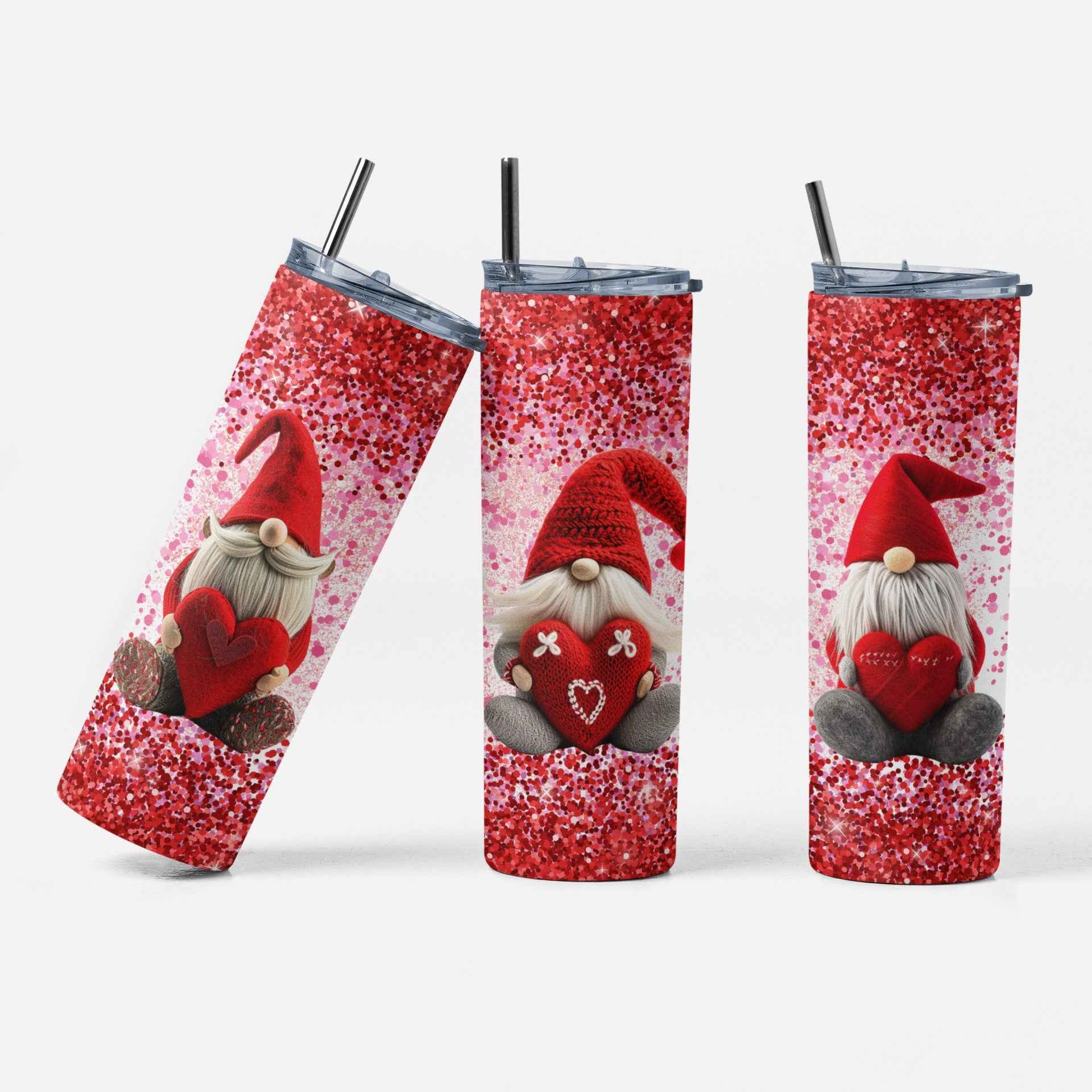 Valentine Gnome Stainless Steel Tumbler with Straw, Red Design, 20 oz Insulated Travel Cup