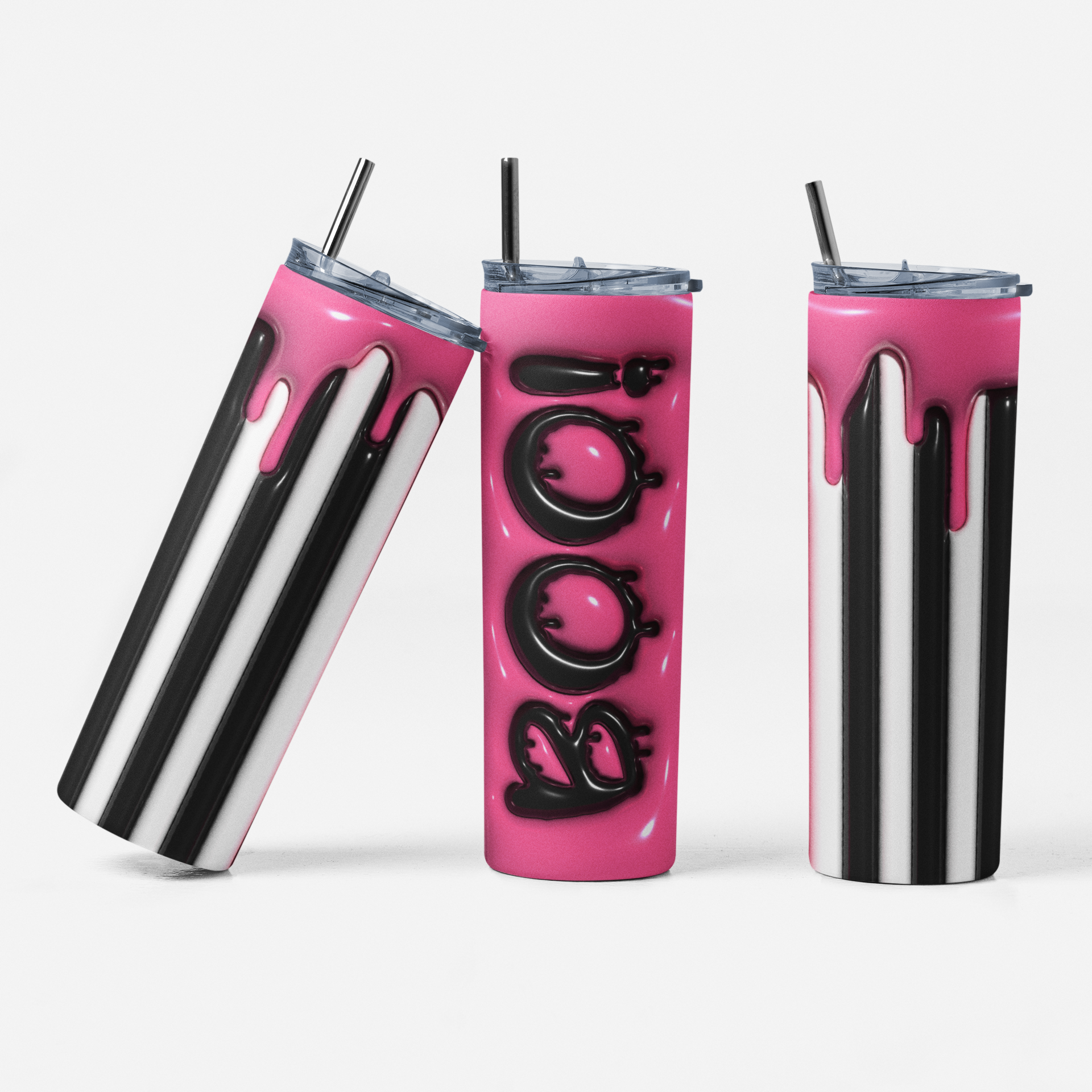 Three views of a pink and black striped tumbler with a glossy drip-pink finish and a black straw, shown on a clean light gray background.