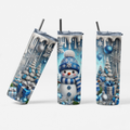 Blue Snowman Skinny Tumbler with Lid and Straw, Winter Theme, Snowflake Design