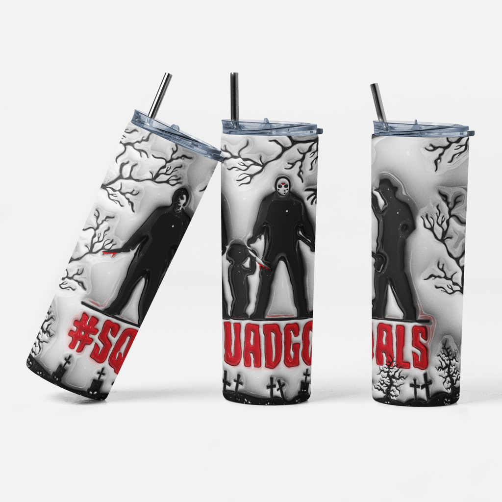 Three views of a clear-lidded insulated tumbler with a black straw, printed with a Halloween-style graphic featuring black silhouettes, bare trees, and red text on a white and gray background.