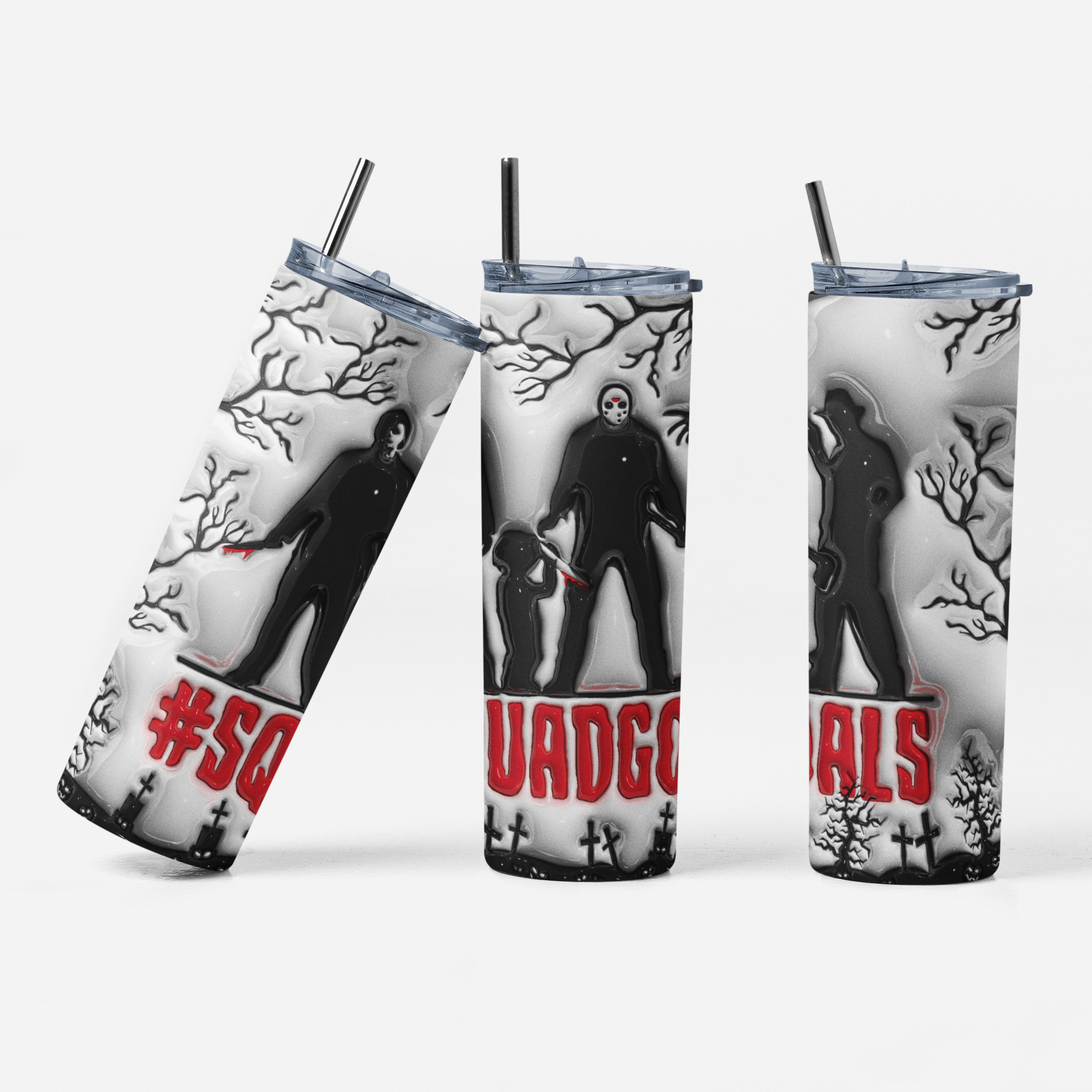 Three views of a clear-lidded insulated tumbler with a black straw, printed with a Halloween-style graphic featuring black silhouettes, bare trees, and red text on a white and gray background.