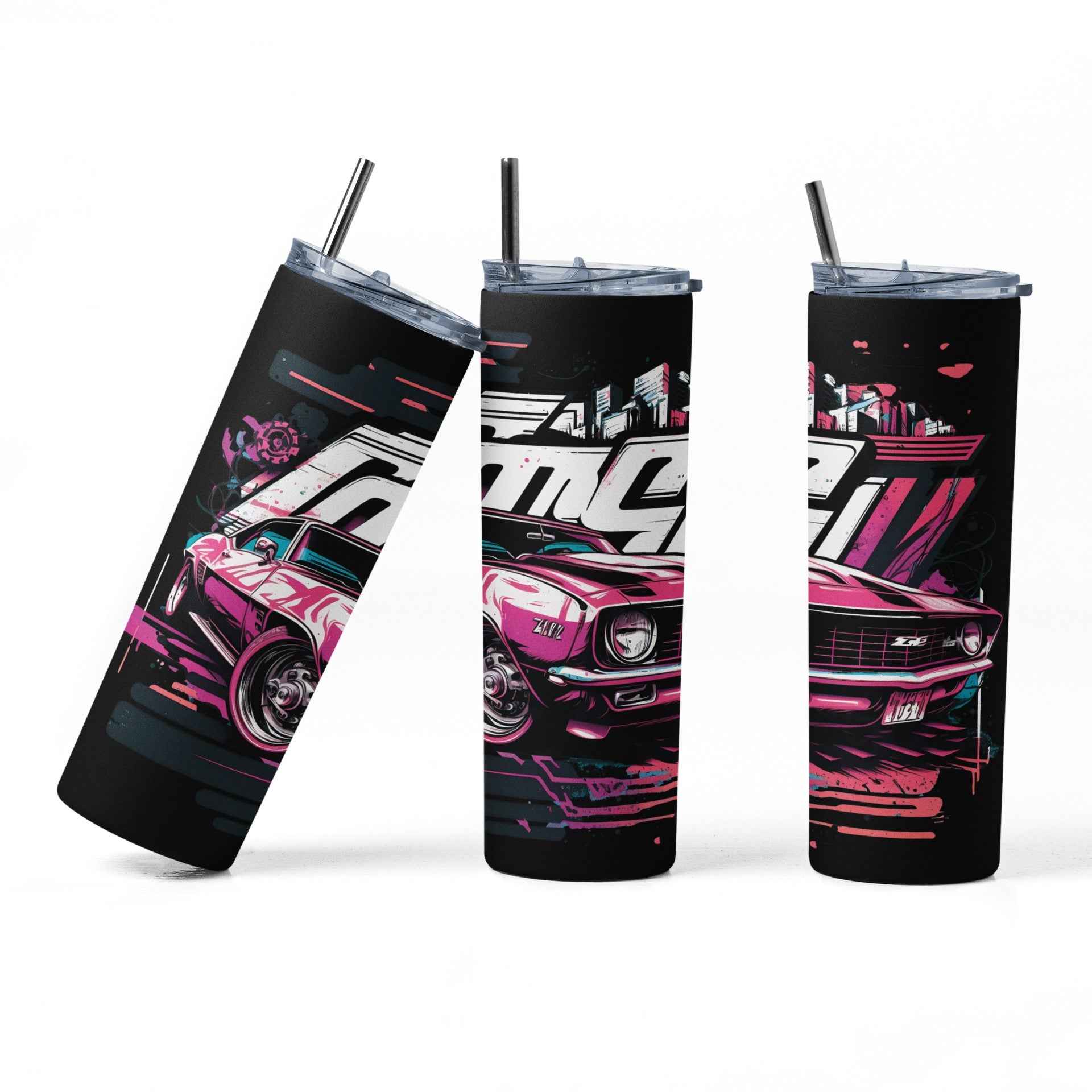 Classic Sport Car Stainless Steel Tumbler with Straw and Lid, 20 oz, Insulated Travel Cup with Vintage Muscle Car Design