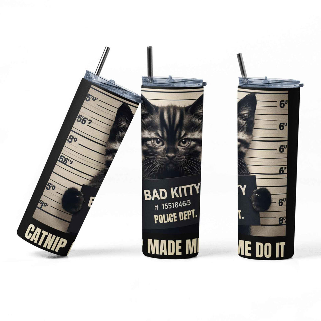 Bad Kitty Stainless Steel Tumbler 20 oz Police Mugshot Design, Insulated Travel Cup with Lid and Straw