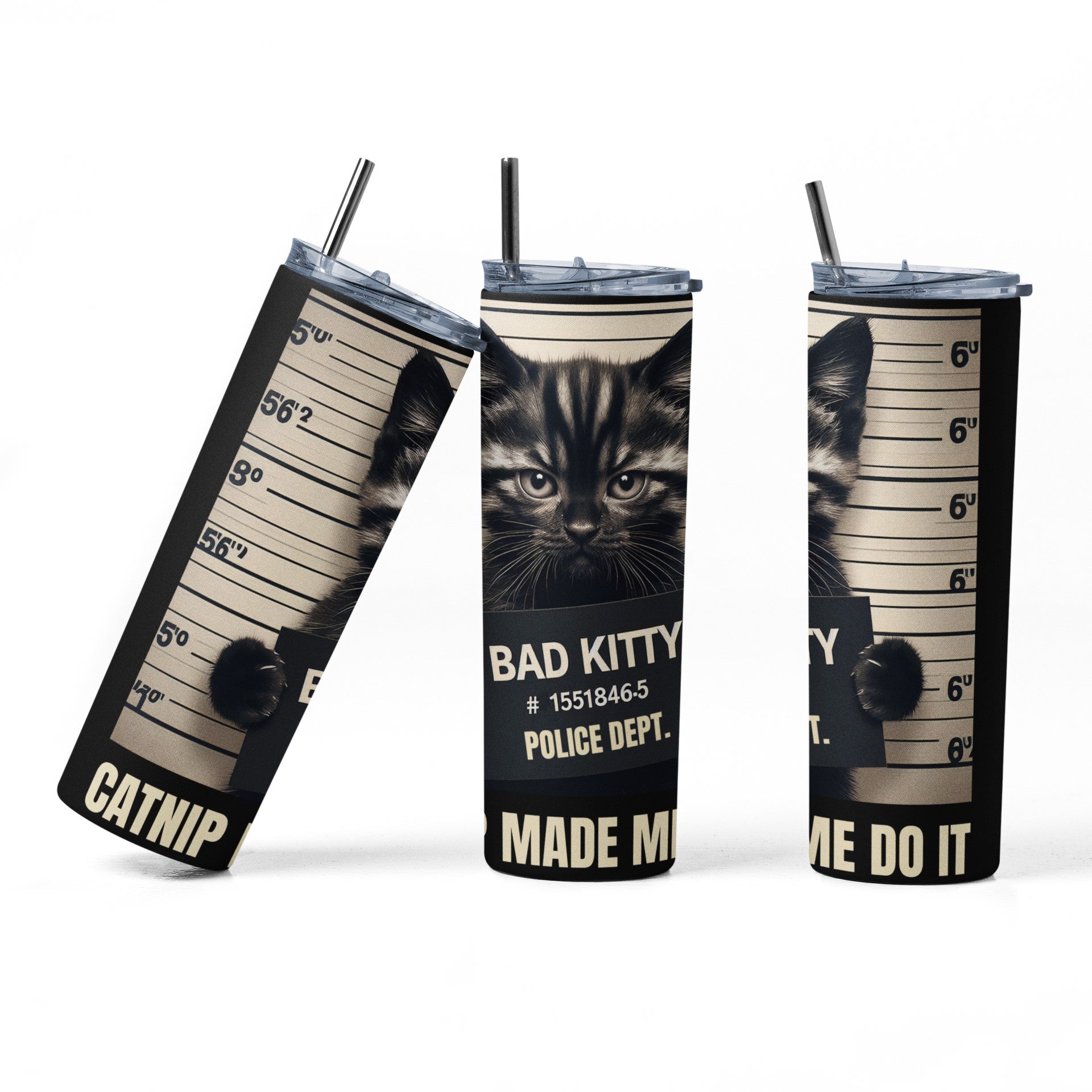 Three tumblers with a cat design and humorous text on a white background