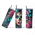 Sugar Skull Design Stainless Steel Tumbler, 20 oz, Turquoise Butterflies and Pink Roses