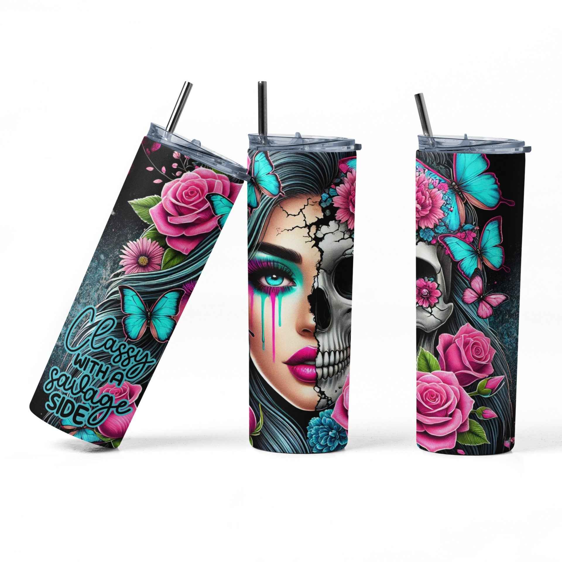 Sugar Skull Design Stainless Steel Tumbler, 20 oz, Turquoise Butterflies and Pink Roses