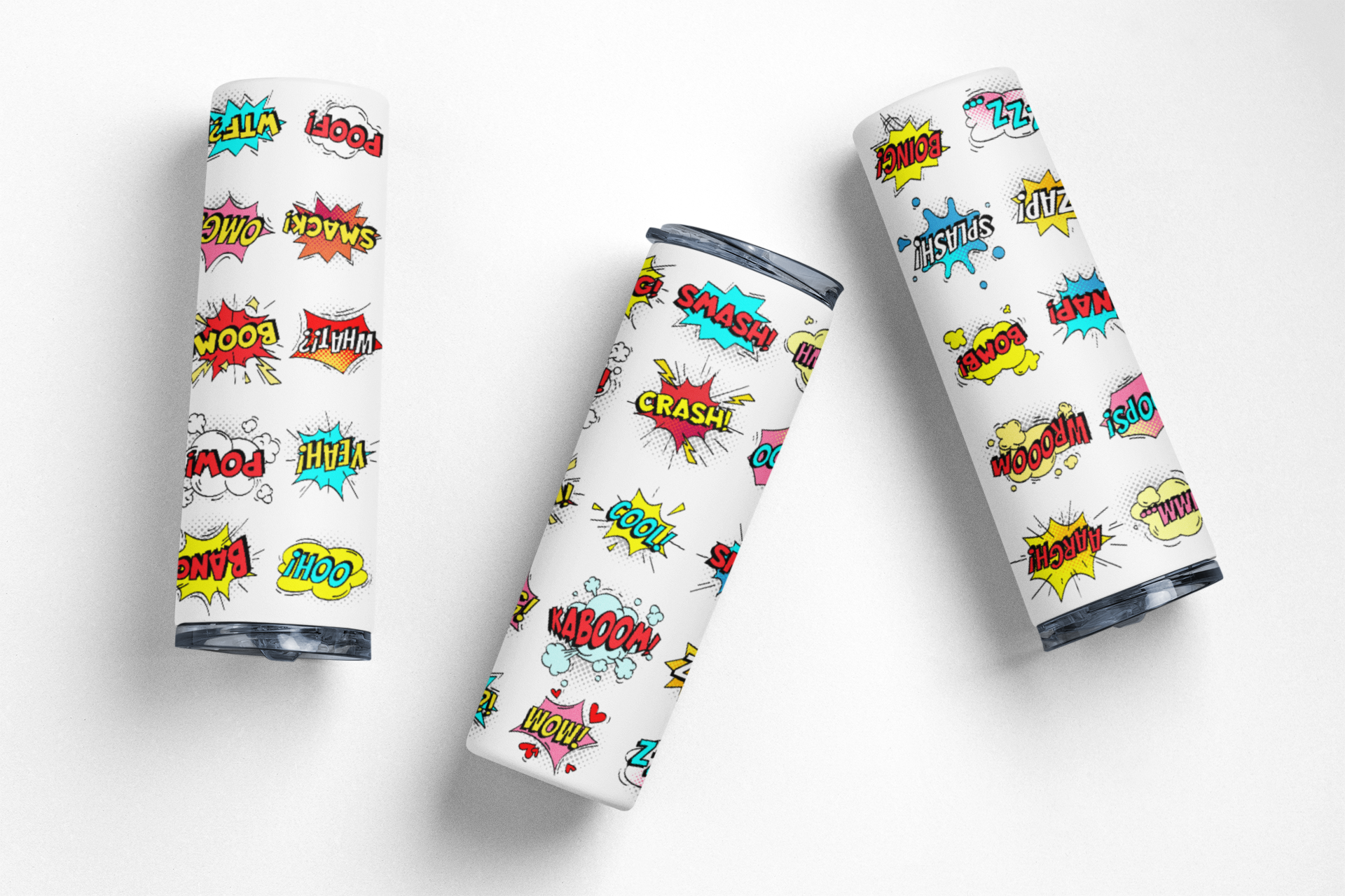 Three cylindrical containers with comic-style text patterns on a white background