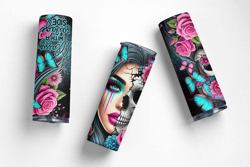 Sugar Skull Design Stainless Steel Tumbler, 20 oz, Turquoise Butterflies and Pink Roses