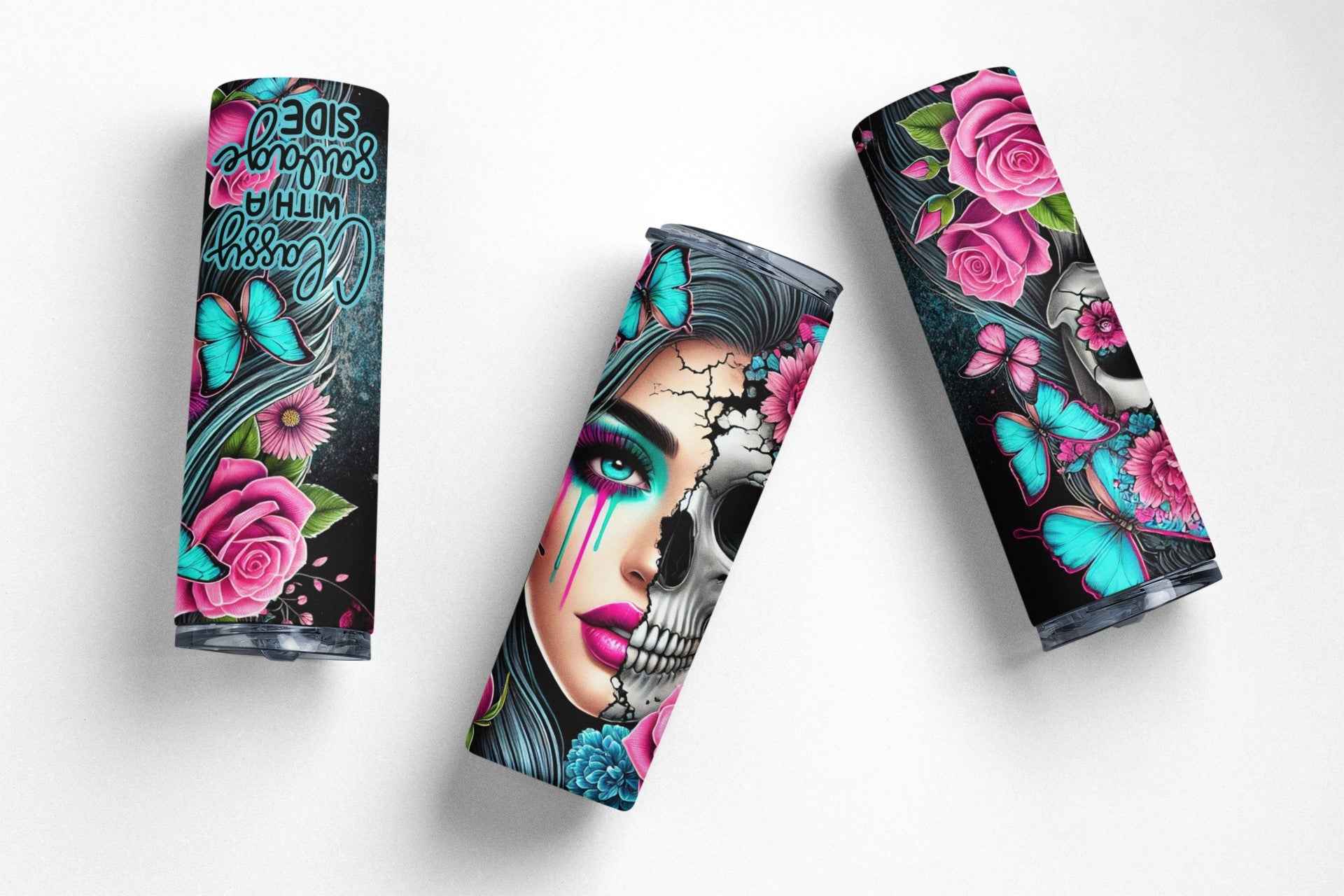 Sugar Skull Design Stainless Steel Tumbler, 20 oz, Turquoise Butterflies and Pink Roses