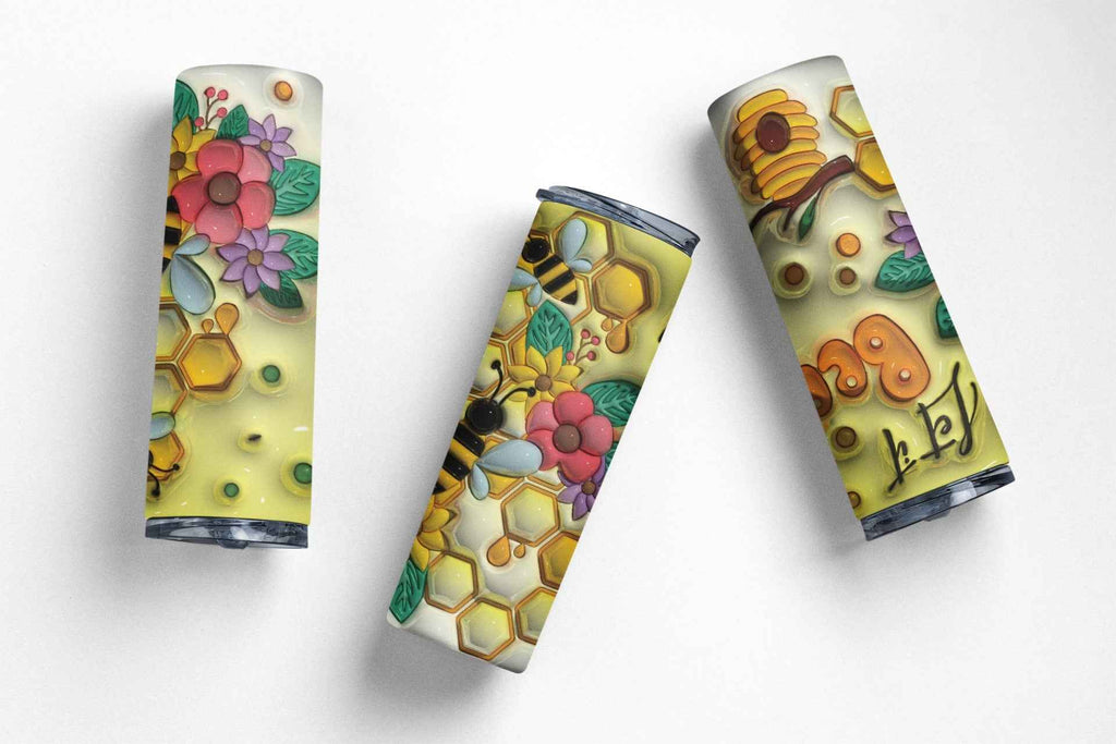 Let it Bee Custom Design Tumbler, Stainless Steel, 20 oz, Bee and Honeycomb Theme with Lid and Straw
