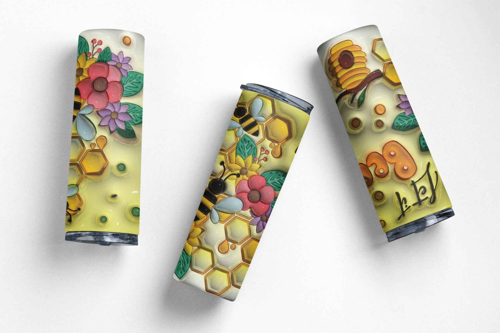 Let it Bee Custom Design Tumbler, Stainless Steel, 20 oz, Bee and Honeycomb Theme with Lid and Straw