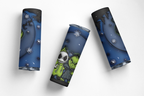 Three views of a skinny tumbler with a dark blue and black night-sky design, featuring Jack Skellington and a green ghost character from The Nightmare Before Christmas, shown on a white background.