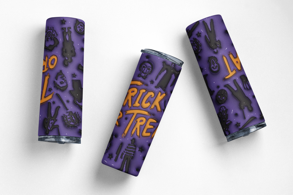 Three purple cylindrical tumbler sleeves with a Halloween-themed graphic print featuring black silhouettes and orange text, displayed on a clean white background.