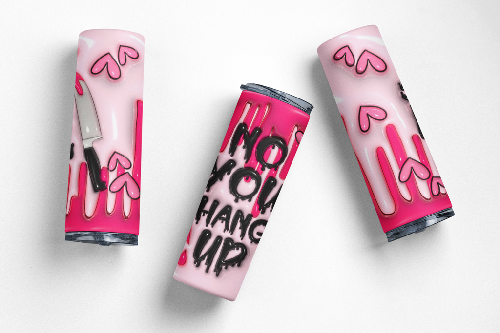 Three pink frosted can-shaped tumblers with black and pink graffiti-style graphics, displayed on a clean white background.