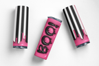 Three slim cylindrical tumbler-style cups with a glossy pink and black drip design, arranged on a clean white background. The center cup is upright and features the word "BOO" in large black letters over a bright pink background, while the two side cups are angled and show the black-and-white drip pattern with pink at the bottom.