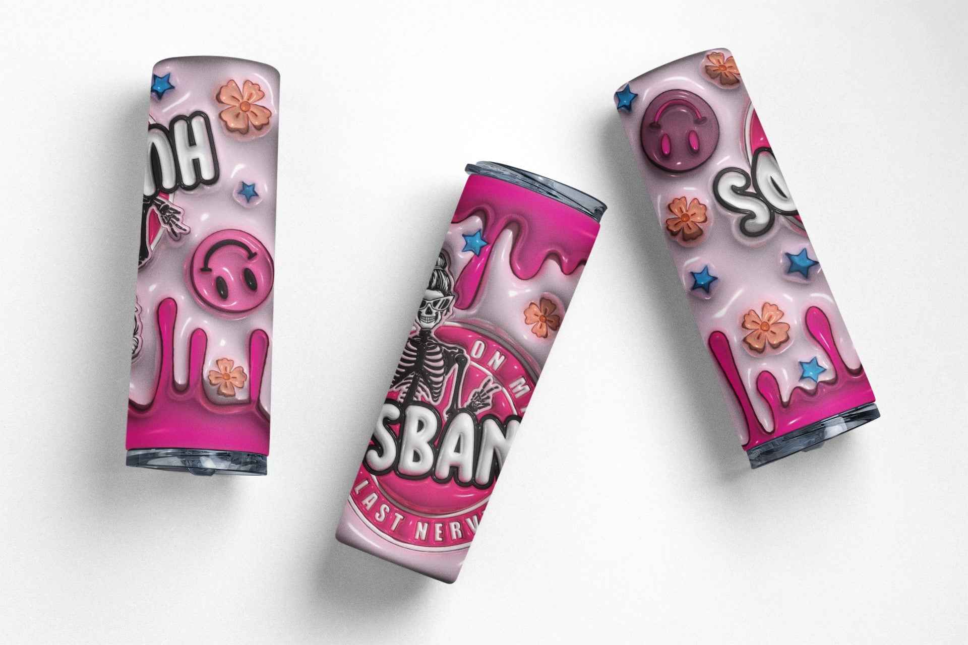 Funny Mama Stainless Steel Tumbler with Straw, 20 oz, Pink Drip Design with Skeleton, Smiley Face and Floral Graphics