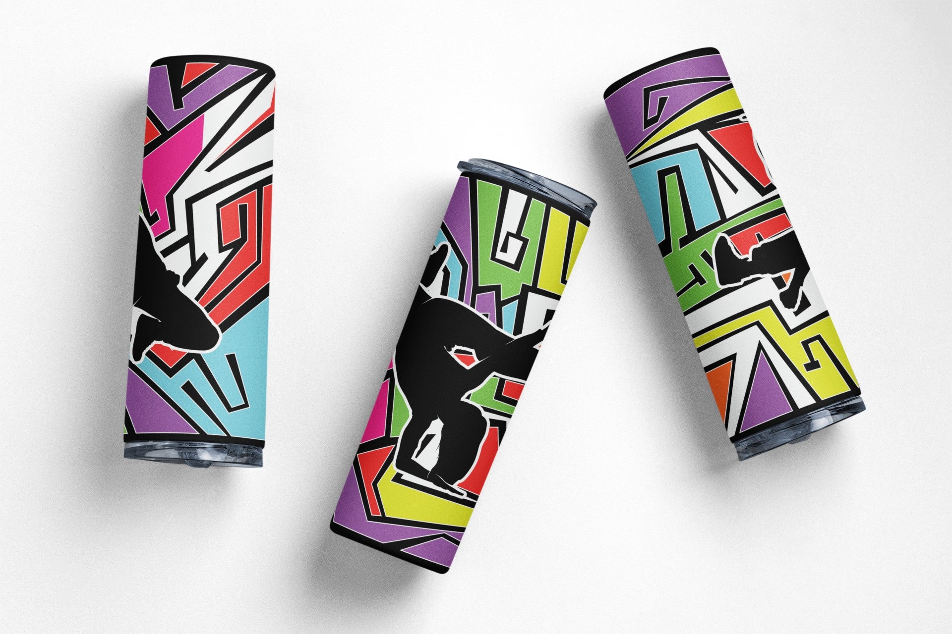 Retro Break Dance Tumbler, Stainless Steel, Colorful Geometric Design, Black Silhouette Art