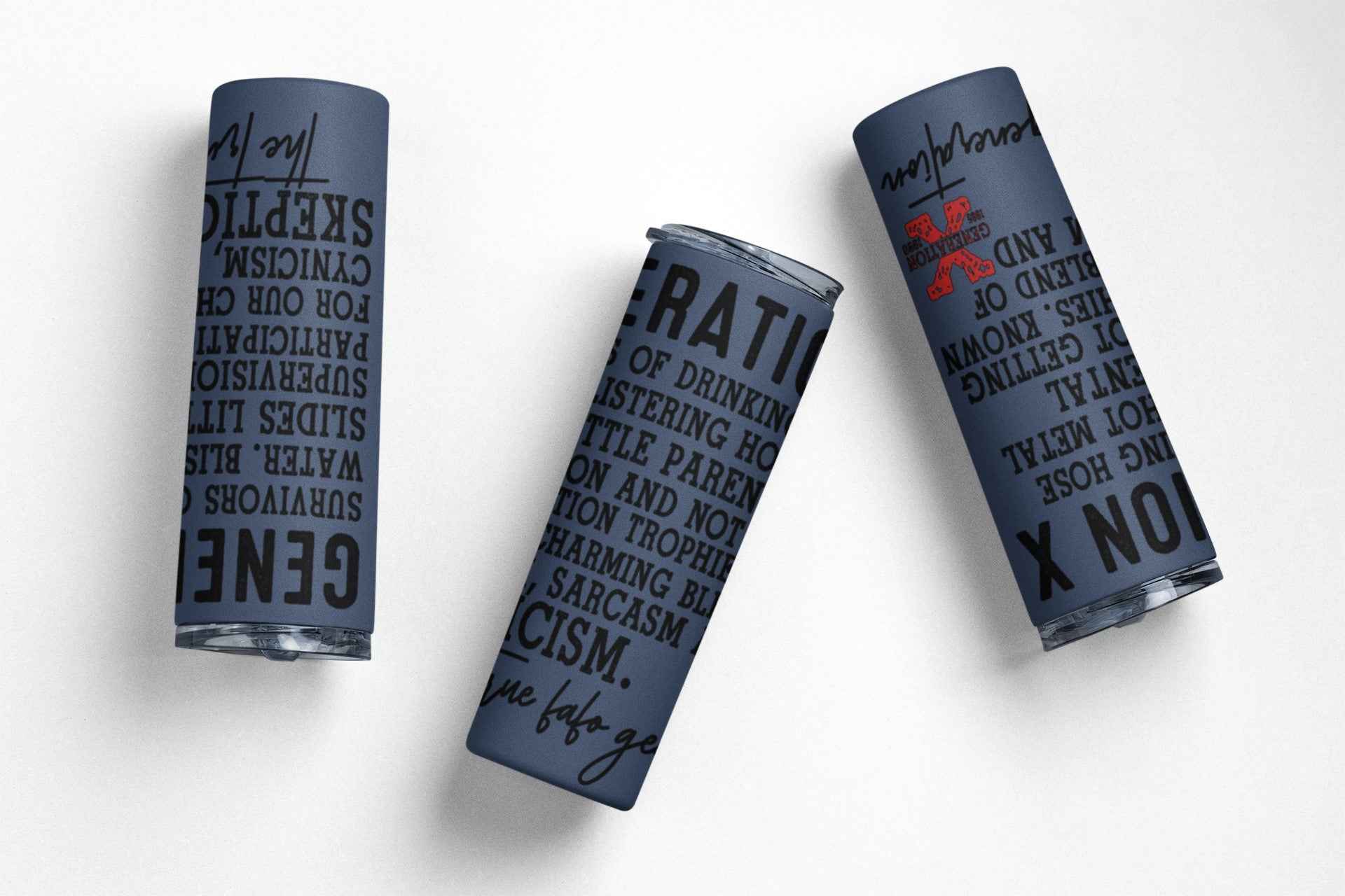 Generation X Stainless Steel Tumbler, 20 oz, Navy Blue with Text Design