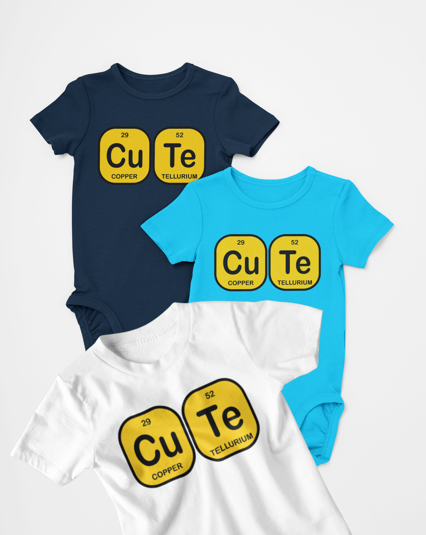 Three baby onesies with 'Cu Te' design on a white background