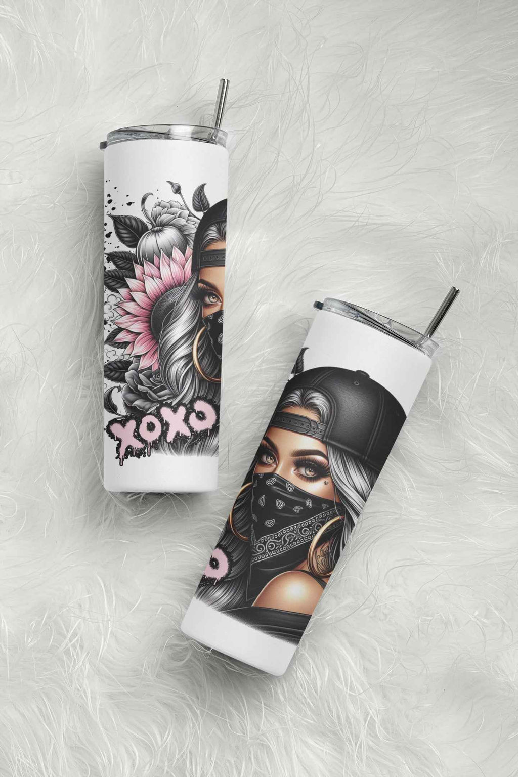 Stainless Steel Tumbler XOXO Artistic Design, 20oz Insulated Travel Cup with Straw Lid, White