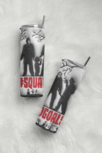 Two insulated tumblers with clear lids and metal straws, printed with black-and-white horror character silhouettes, bare tree branches, and red text, arranged on a white faux-fur surface.