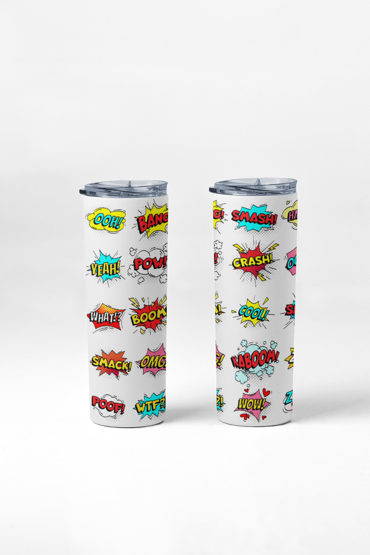 Two tumblers with comic book sound effect designs on a white background
