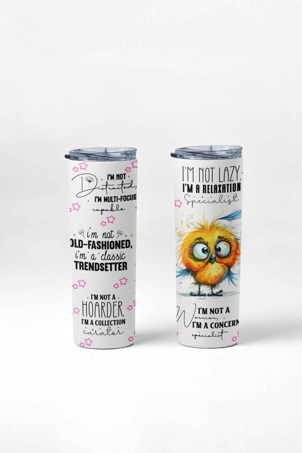 Motivational Bird Tumbler, 20 oz, Funny Quote Design with Cute Owl Art, White
