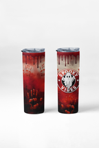 Two slim travel tumblers with clear lids, shown on a light gray studio background. The left tumbler has a red Halloween-themed print with dripping blood, bloody handprints, and a ghostly face near the bottom.