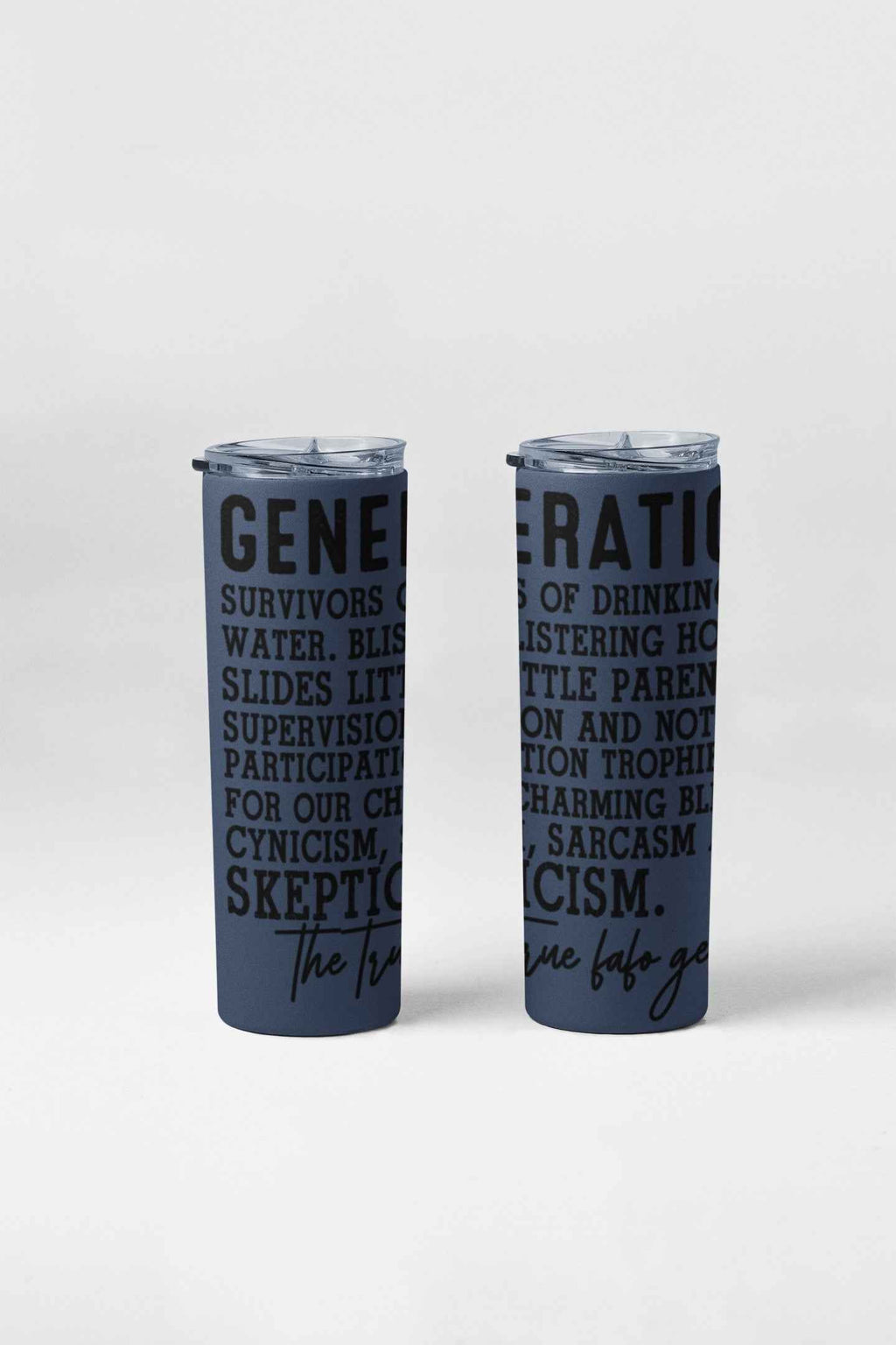Generation X Stainless Steel Tumbler, 20 oz, Navy Blue with Text Design